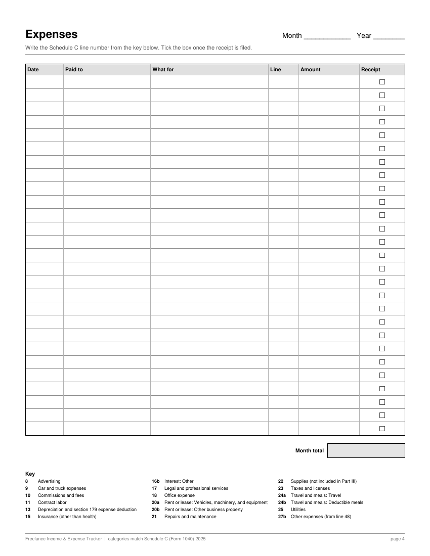 Monthly expense log with receipt tick boxes and a Schedule C line key